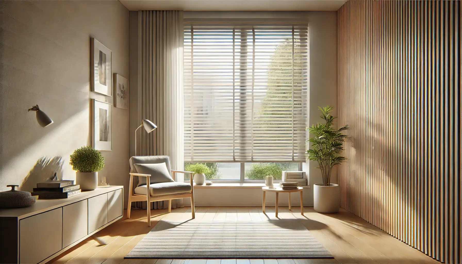 A set of clean, polished blinds in a bright room