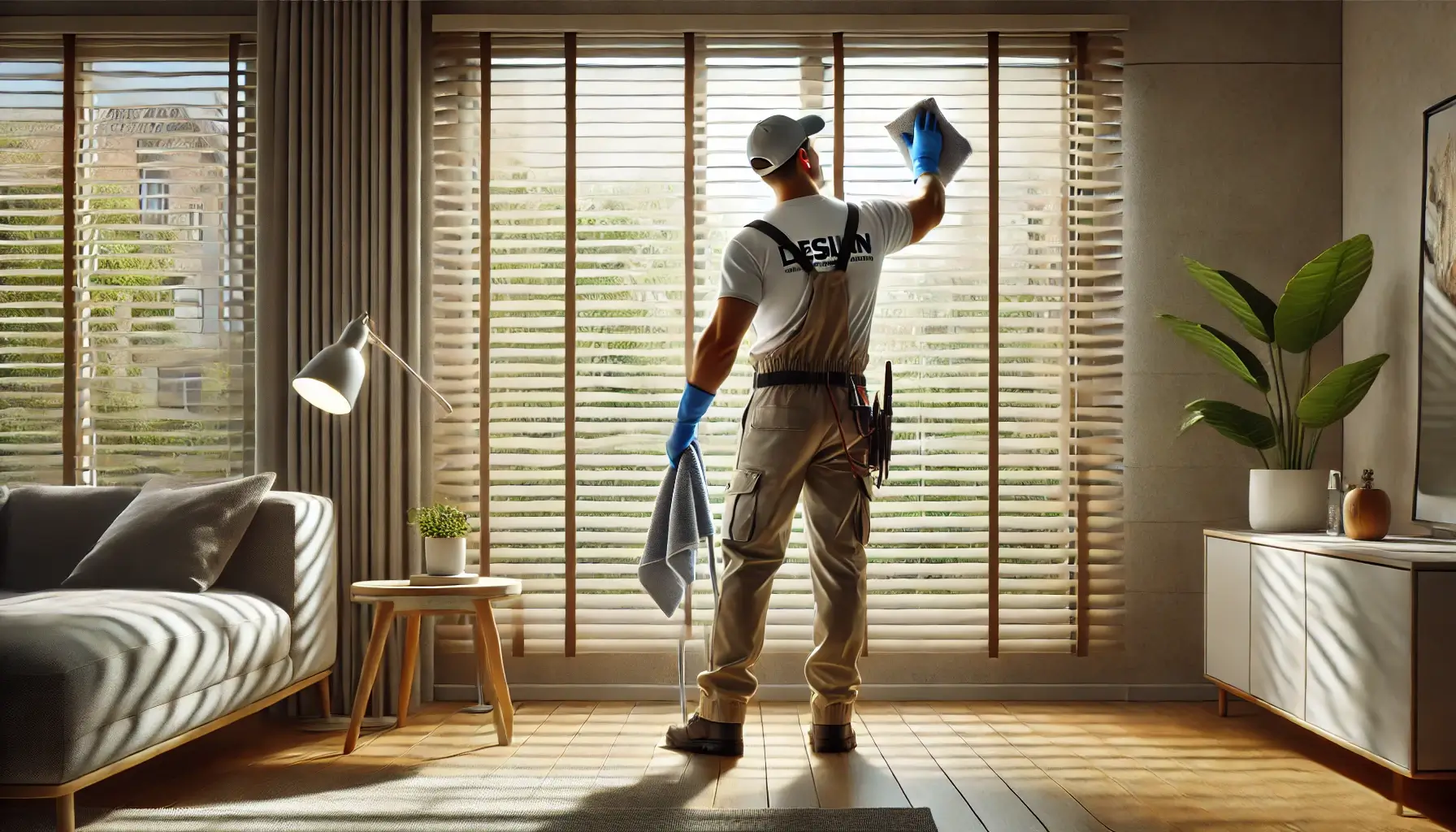 A My-T-brite professional cleaning a set of blinds with a microfiber towel