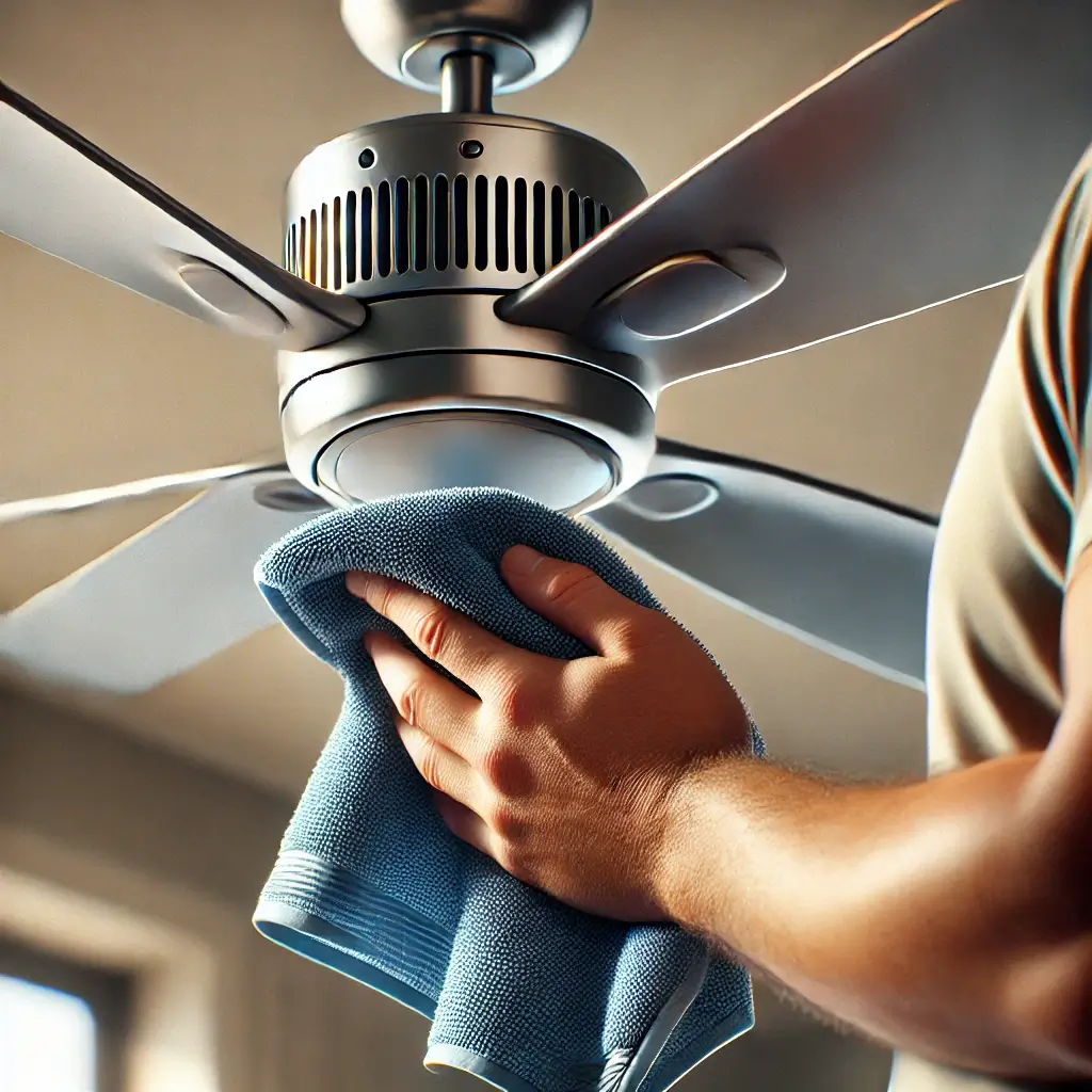 A professional cleaning a ceiling fan with specialized tools