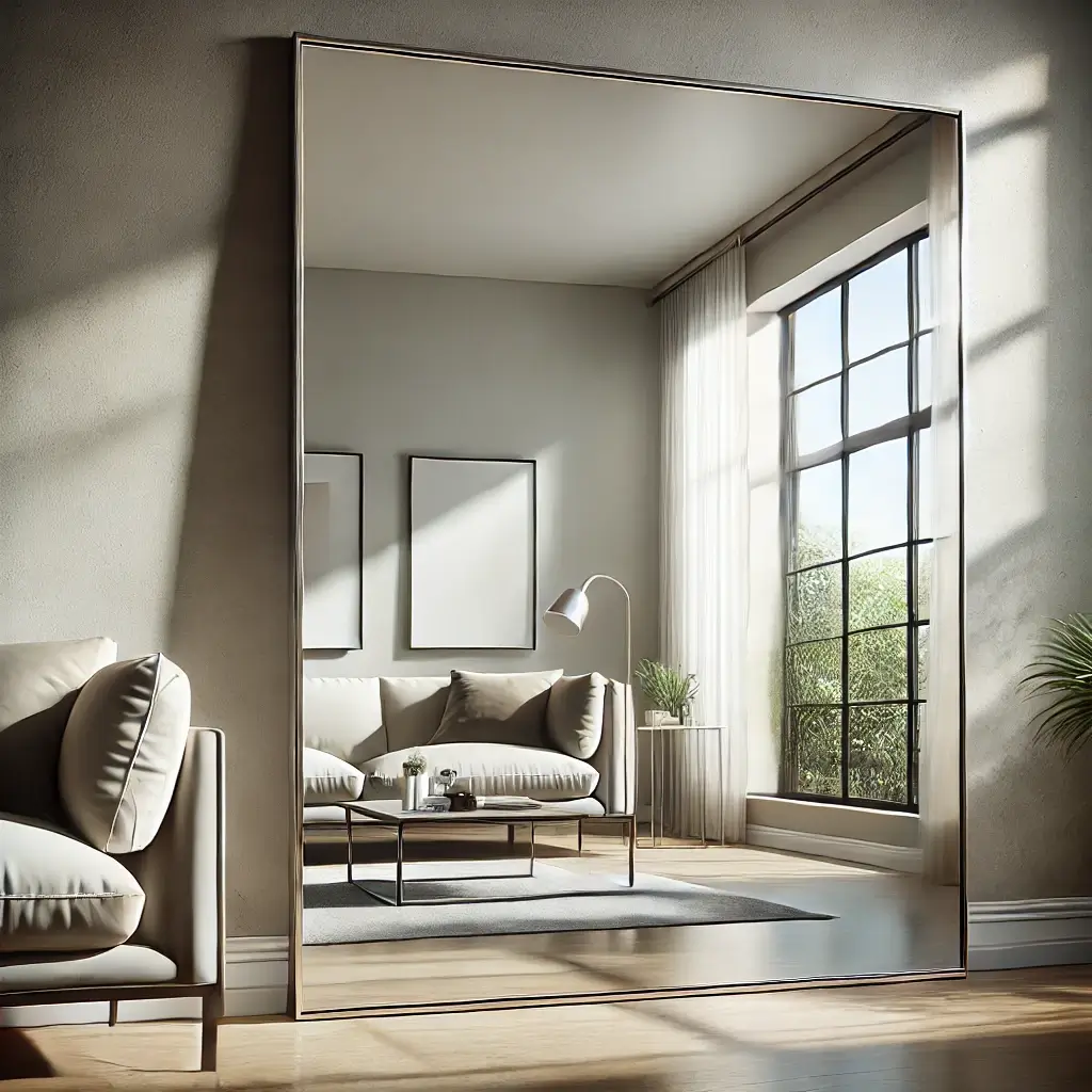 A spotless mirror reflecting a bright and clean room
