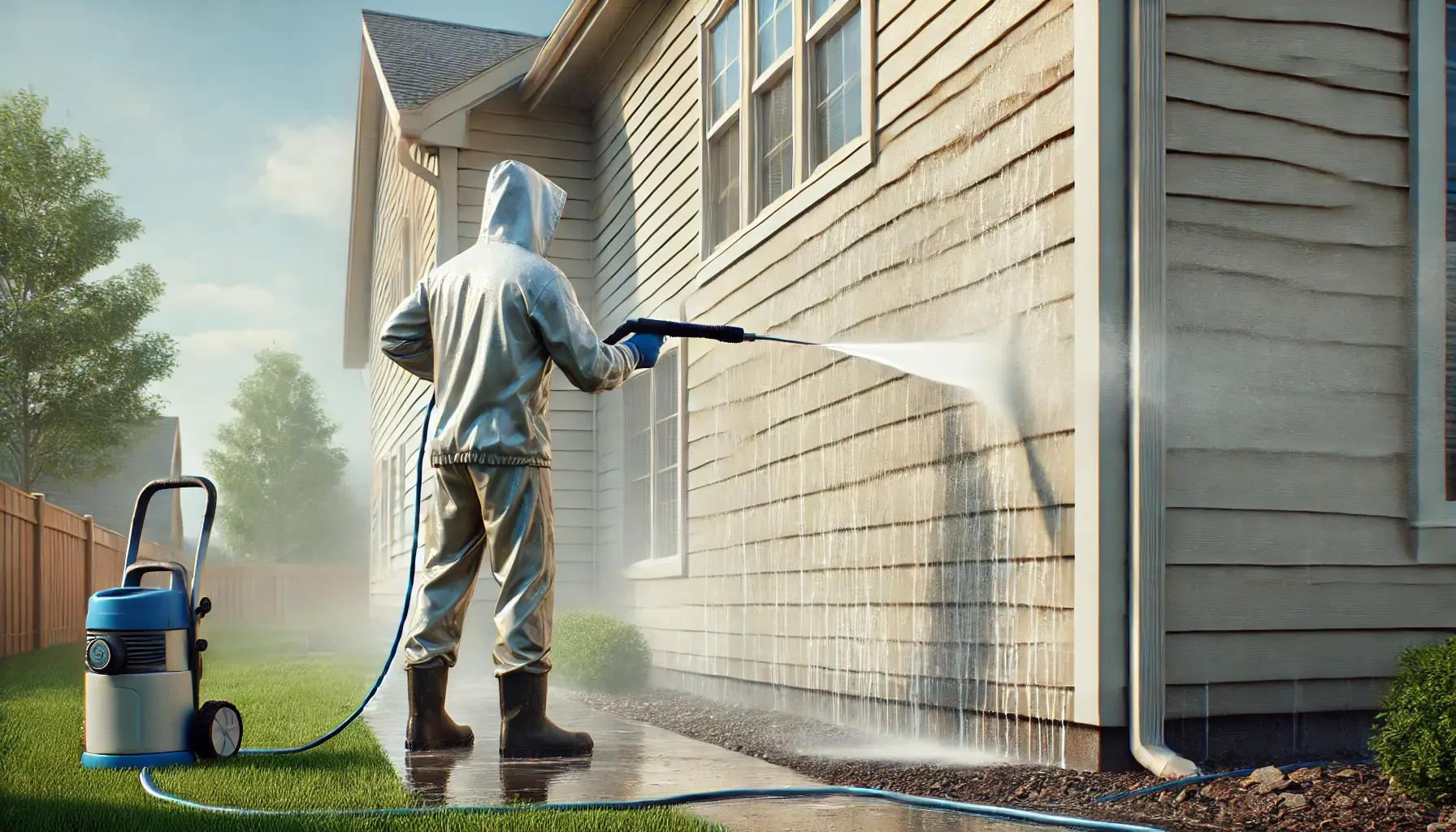 My-T-Brite team pressure washing a house exterior