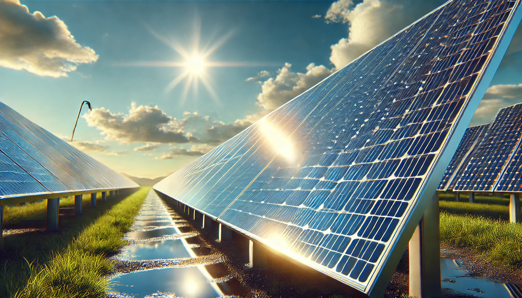 Clean solar panels shining under the sun after professional cleaning