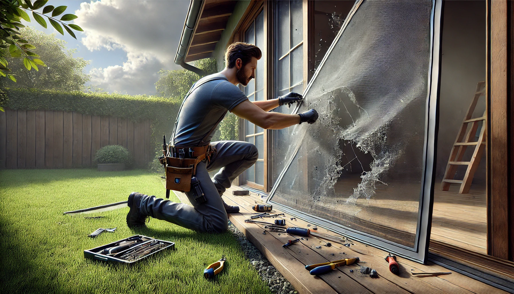 Expert repairing a damaged window screen
